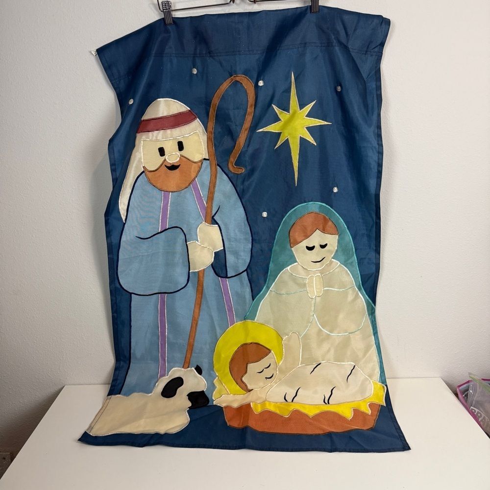 Vintage Blue Nativity Scene Nylon Yard Flag Banner